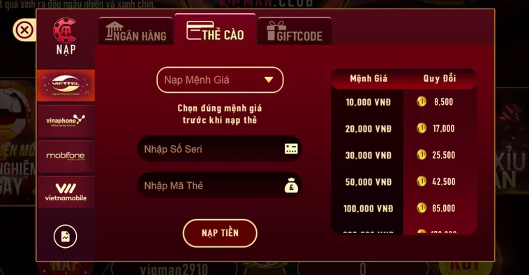 Hướng dẫn nạp tiền qua thẻ cào tại ManClub.