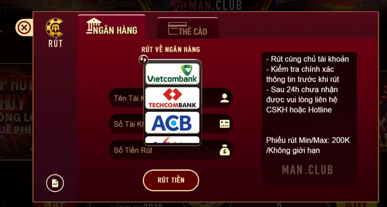 Rút Tiền ManClub Hướng Dẫn Cách Rút Tiền Về Tài Khoản Ngân Hàng.